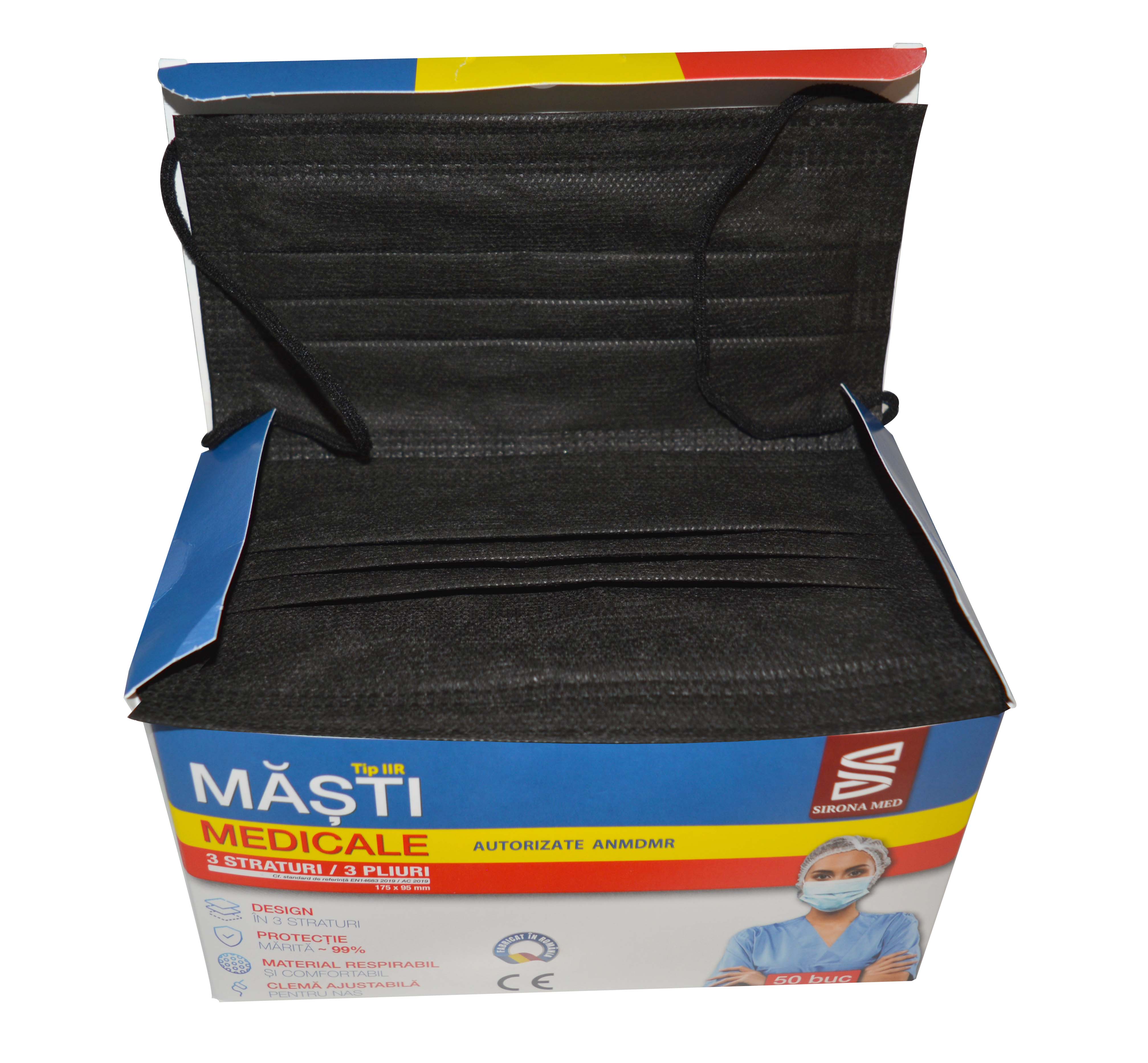 Set 50 masti medicale, Sirona Med, tip IIR, Culoare Neagra
